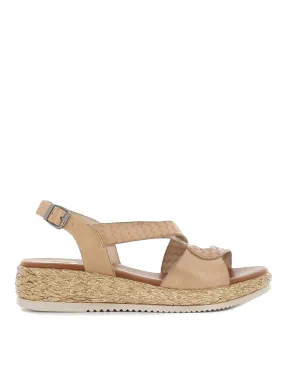 Sandalia cuña baja piel grabada mujer color beige PORRONET