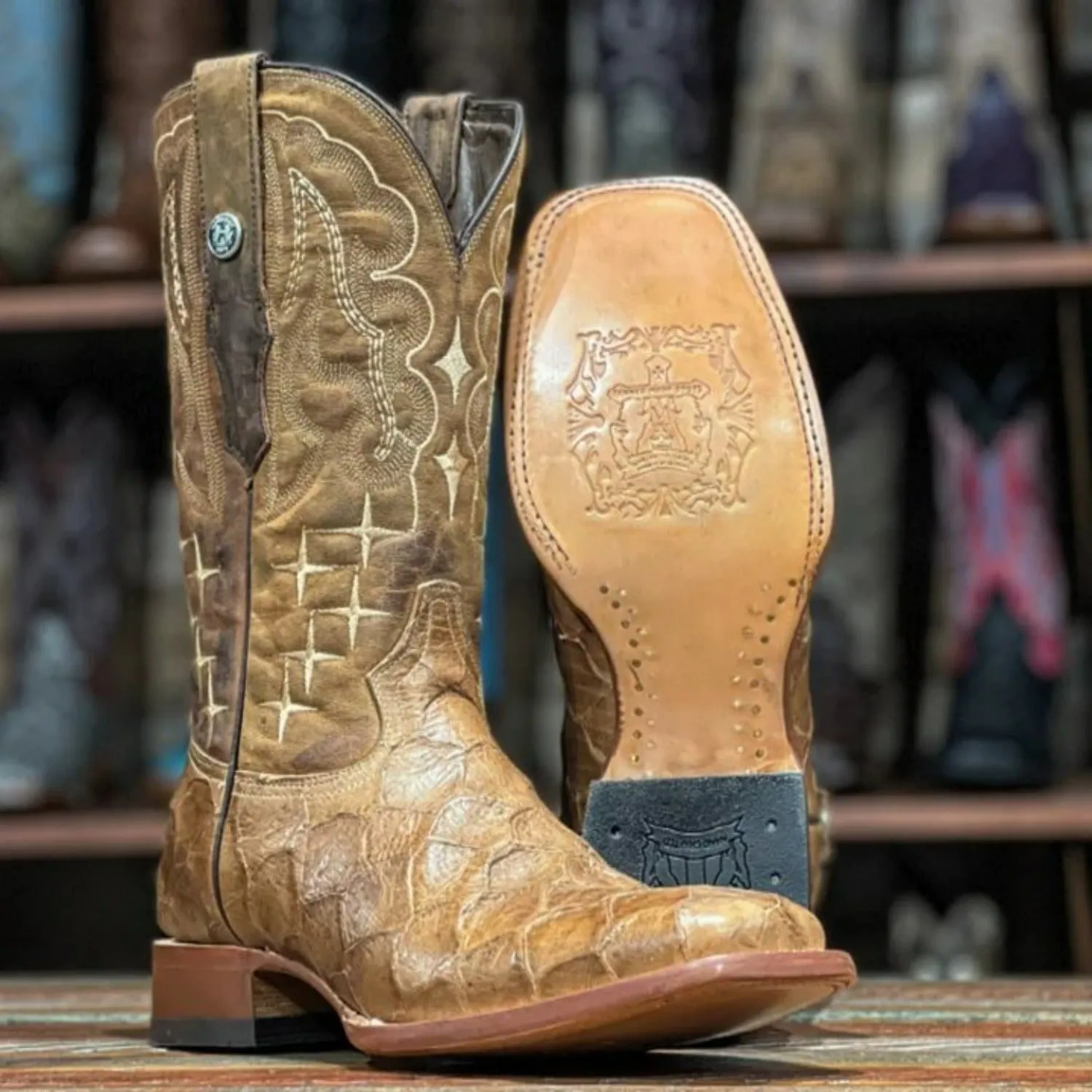 Tanner Mark Men's Print Monster Fish Square Toe Boots Honey  TM207016